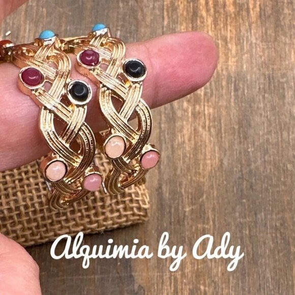 Gold multi stone chunky maximalist 14k gold plated hoops - Picture 1 of 3